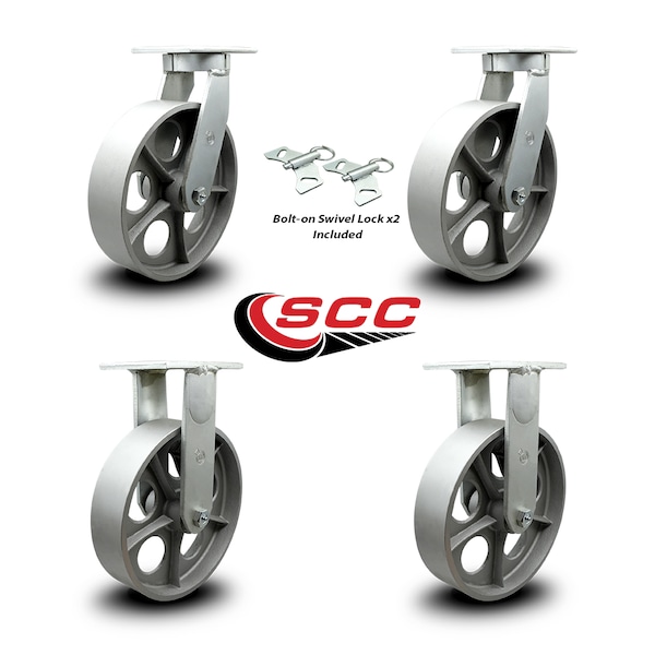 10 Inch Heavy Duty Semi Steel Cast Iron Caster Swivel Locks 2 Rigid SCC, 2PK